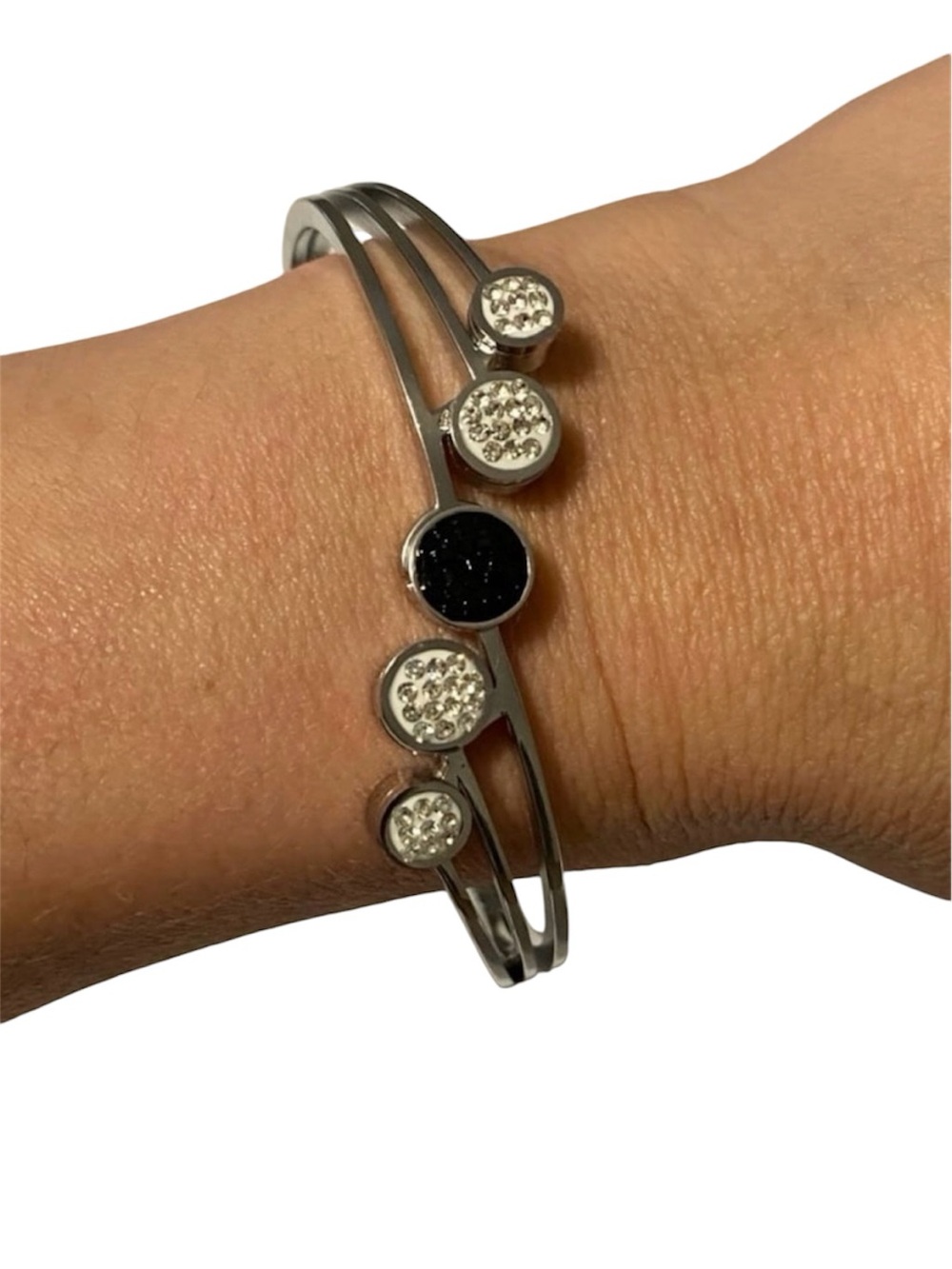 Vintage Silver-Tone Multi-Disc Crystal Accent Bangle Bracelet - Black & Clear